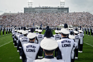 The Penn State Blue Band pauses during their drill for a moment of remembrance before the game against Ohio University at Beaver Stadium in State College, Pennsylvania, Saturday, September 1, 2012. Ohio defeated Penn State, 24-14. (Abby Drey/Centre Daily Times/MCT)