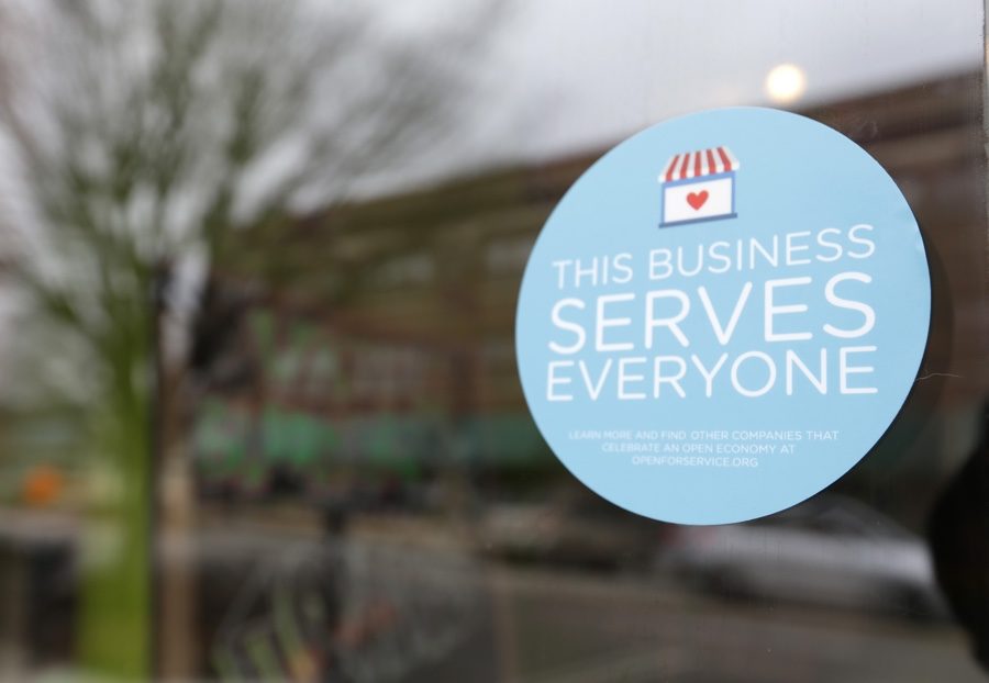 A window sticker on a downtown Indianapolis business, Wednesday, March 25, 2015, shows its objection to the Religious Freedom bill passed by the Indiana legislature. Organizers of a major gamers' convention and a large church gathering say they're considering moving events from Indianapolis over a bill that critics say could legalize discrimination against gays. (AP Photo/Michael Conroy)