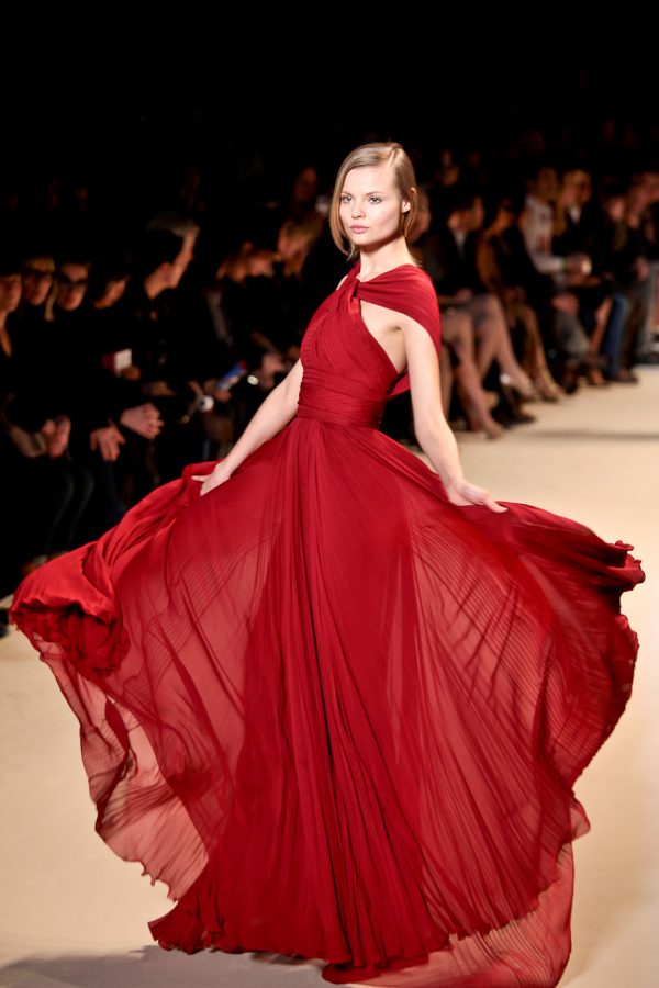 A model walks the runway at Paris fashion week.