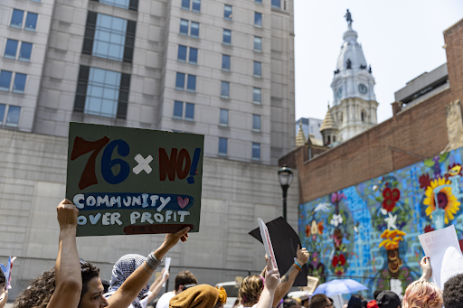 Tyger Williams//Philadelphia Inquirer
Protester holding an anti-stadium sign during a protest in Philadelphia