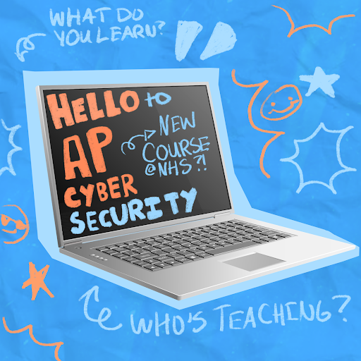 An image depicting a computer with the words "Hello to AP Cybersecurity" and arrows pointing at it with "What do you learn?" and "Who's teaching?". (The Playwickian/Chloe Xie)