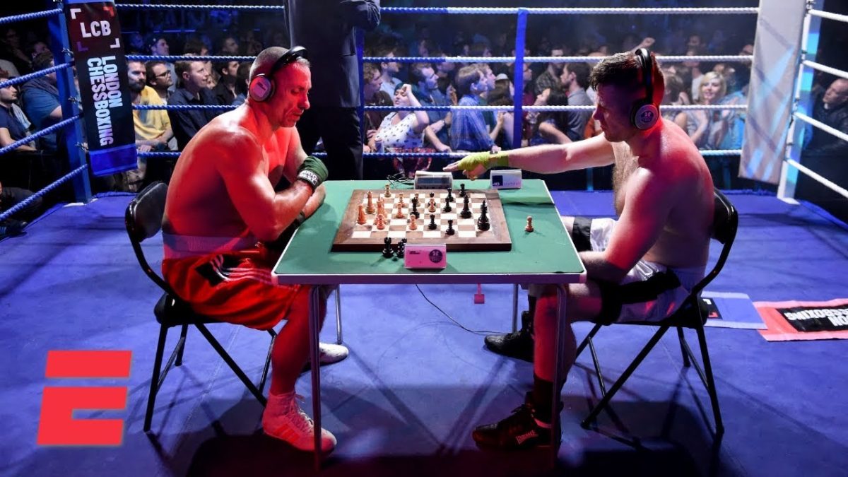 Photo of two chess boxing competitors via ESPN’s YouTube coverage