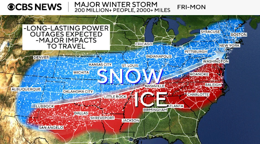 A map showing where show and ice are forecasted to fall during the winter storm, starting on Jan. 23, 2026 
Picture courtesy of CBS News
