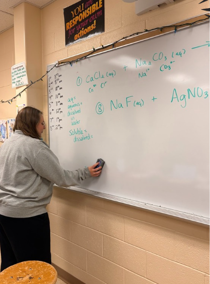Sarah Martoccio clears her whiteboard after teaching chemistry to her third-period class on March 26, 2026, in Lang., Pa. (The Playwickian / Megan Rubbo)